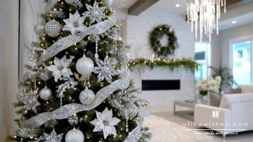 Silver frosted christmas tree with crystal ornaments