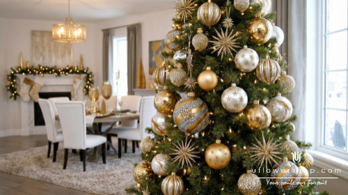 Classic gold christmas tree with star ornaments
