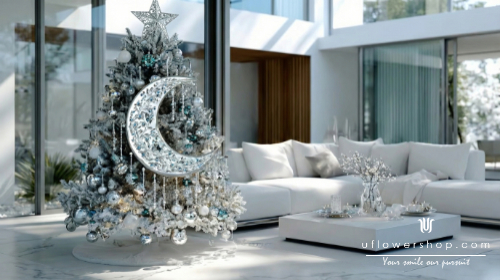 Minimalist silver christmas tree with moon topper